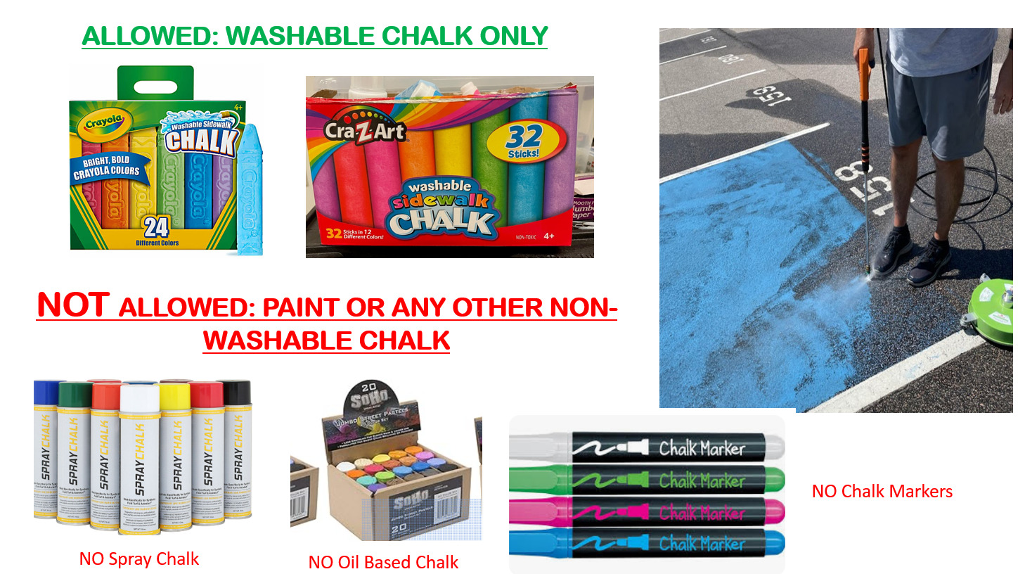 Allowed: washable chalk only. Not allowed: spray chalk, oil-based chalk, or chalk markers.