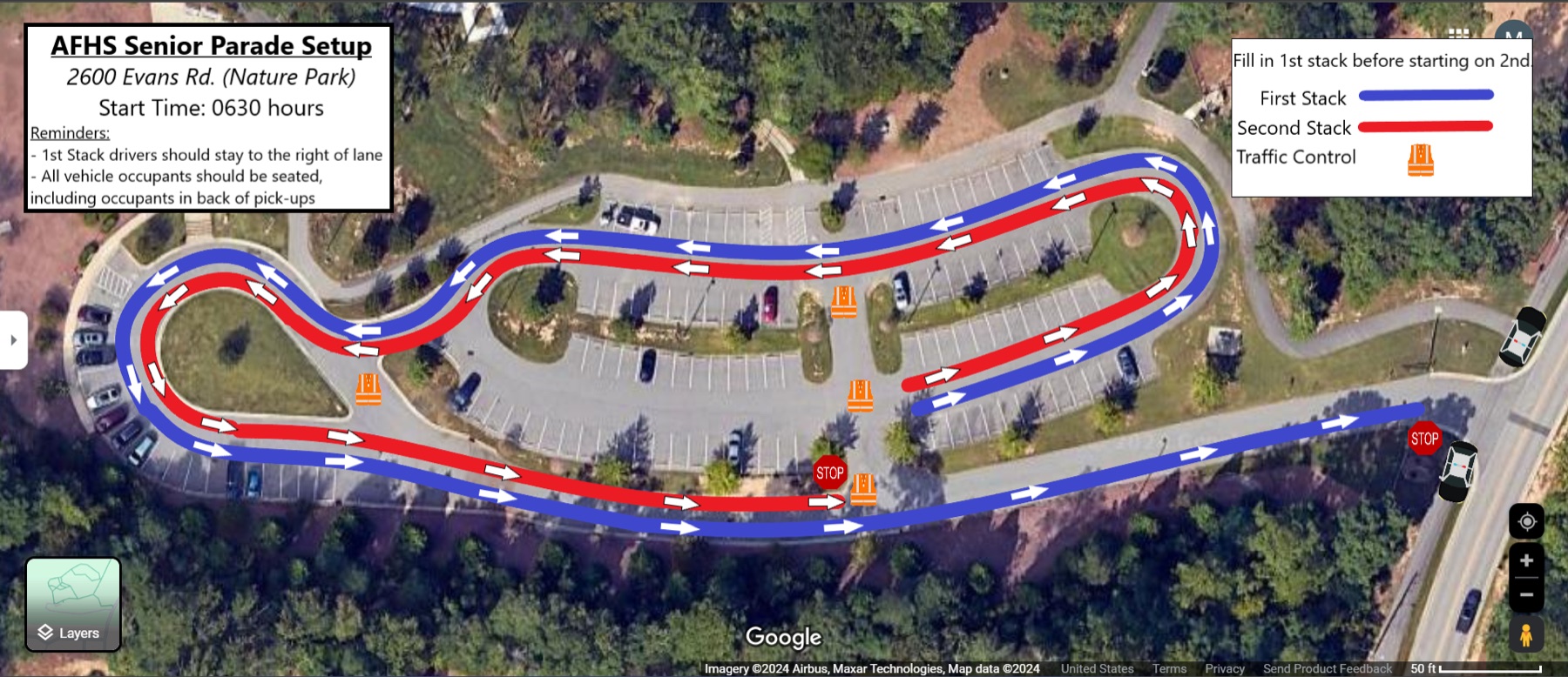 AFHS Senior Parade lineup map - Apex Nature Park, 2600 Evans Rd