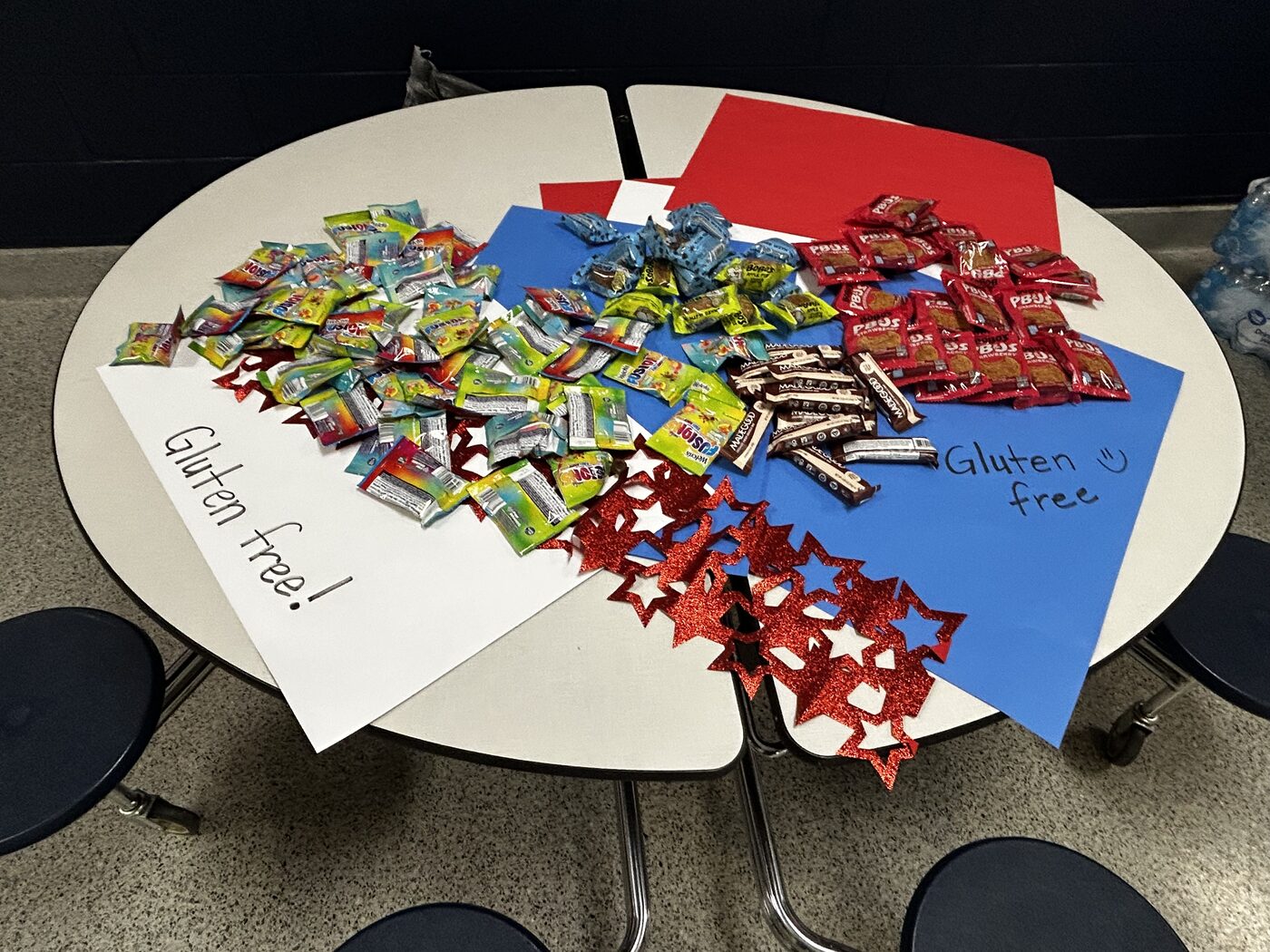 A snack table with hand-lettered Gluten free signs marking the allergy-friendly options
