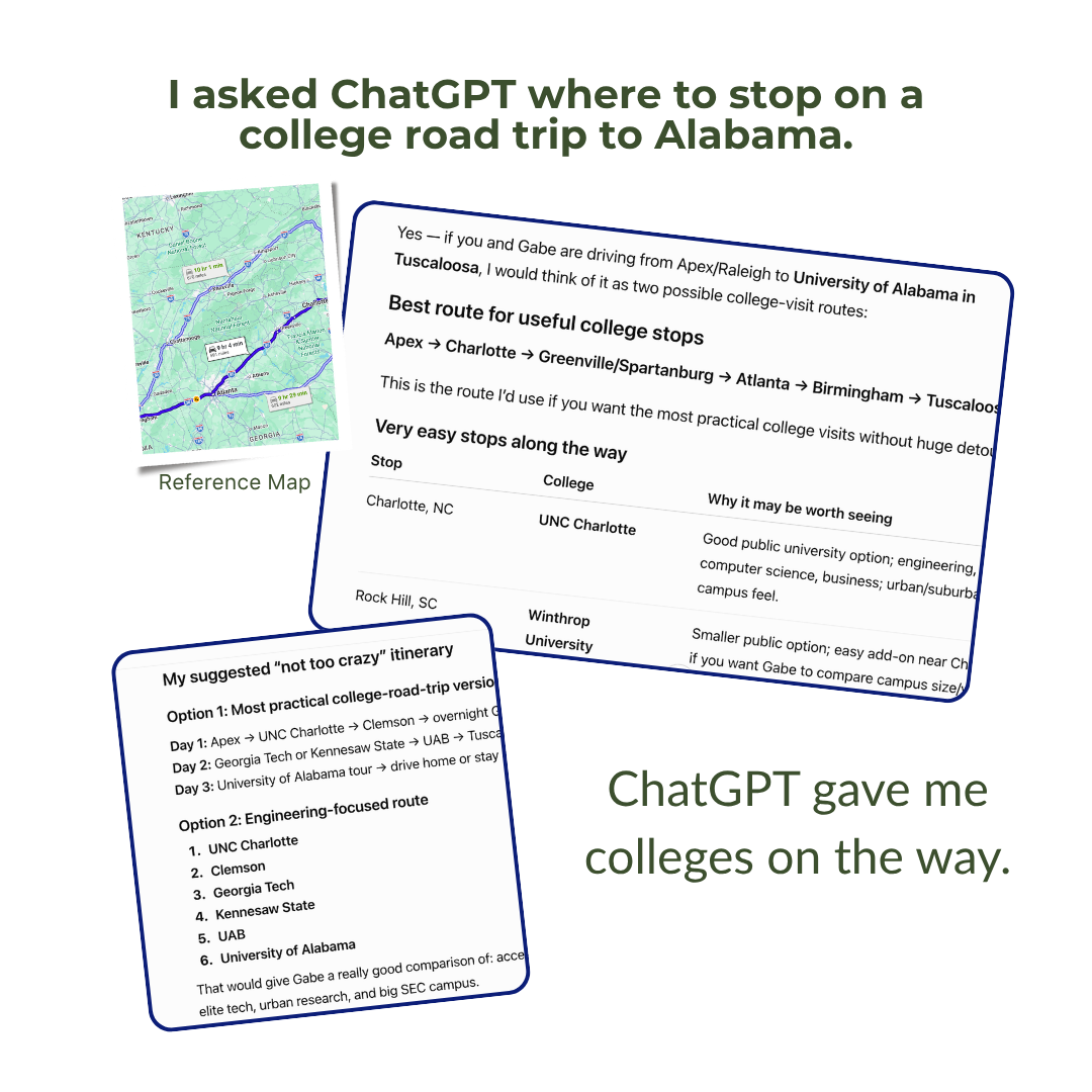 ChatGPT's response showing a generic list of colleges along the I-85 route from Raleigh to Tuscaloosa