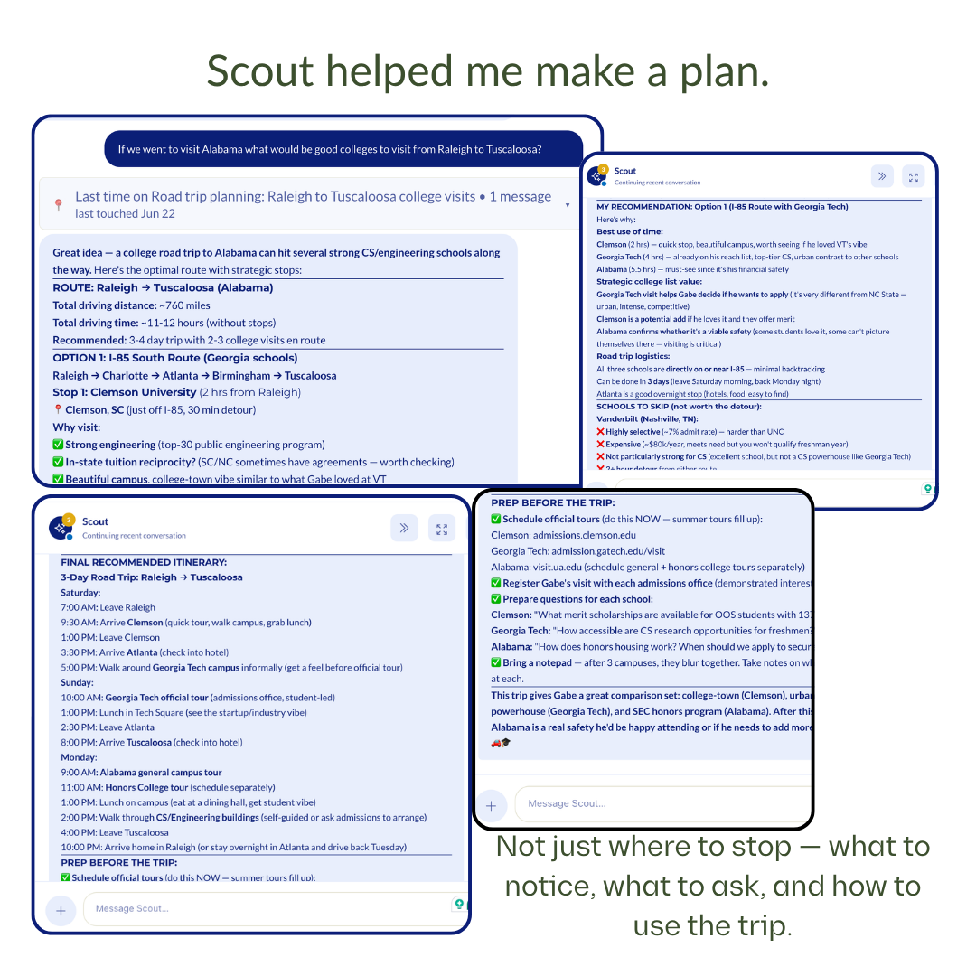 Scout's response showing a personalized college road trip plan with strategic recommendations based on the student's profile