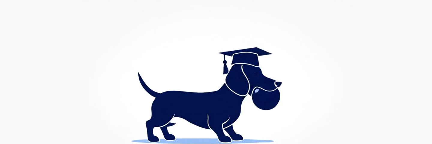 Scout, the CollegeHound dog, wearing a graduation cap and holding a ball